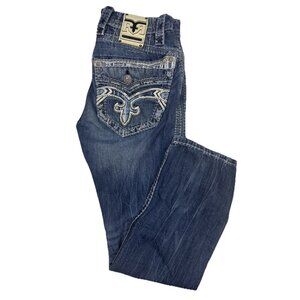Rock Revival Adriel Slim Straight Jeans Men 32x31 Blue Embroidered Distressed